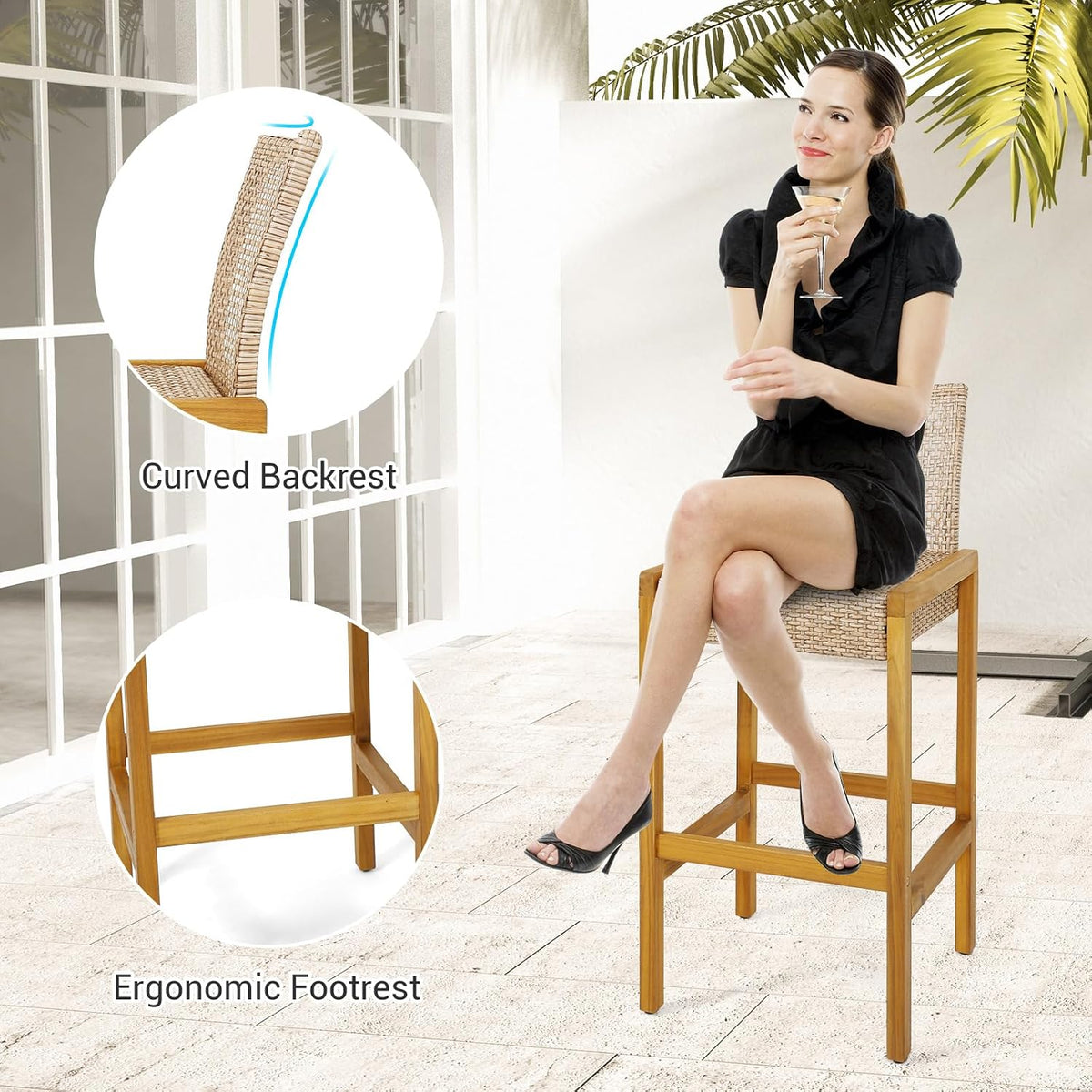 HAPPYGRILL Wicker Bar Stools Set of 2, Patio Chairs with Solid Wood Frame, Er...