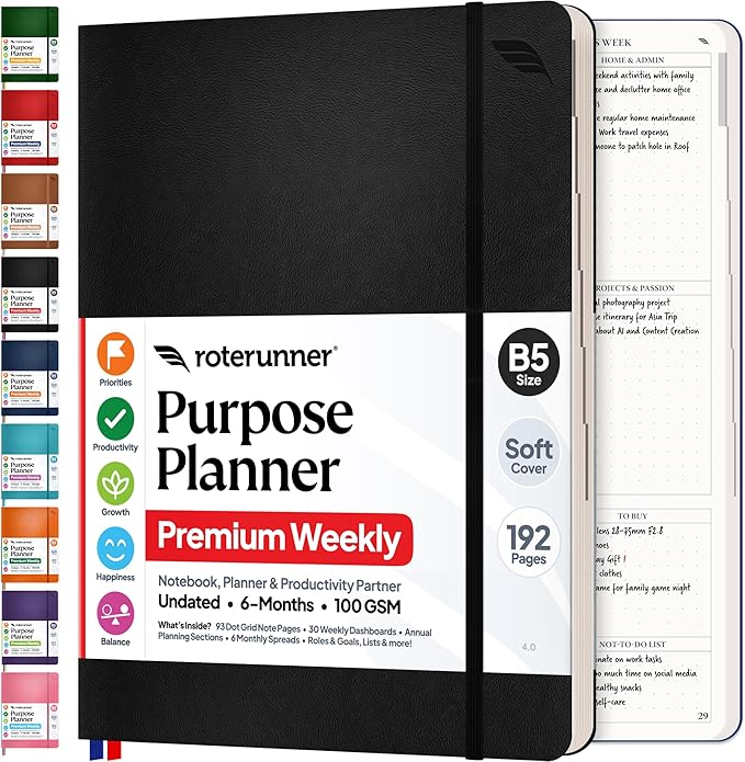 Roterunner Purpose Planner Notebook B5 7.5”x9.8” Undated 2026 Daily Weekly and by Roterunner