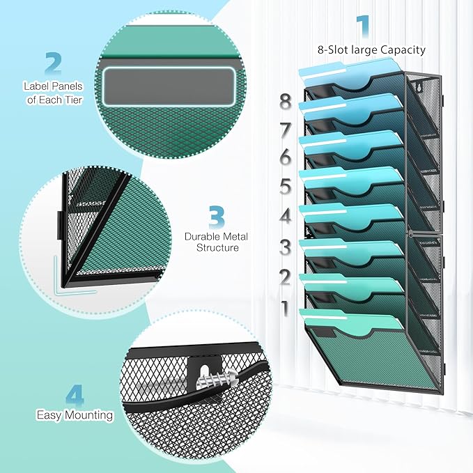Gawerk 8-Tier Wall File Organizer Hanging Wall File Holder Wall Mount Paper - Image 3