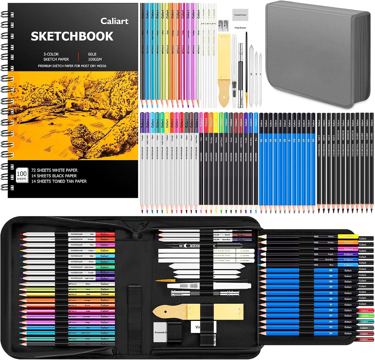 caliart 176pcs art supplies sketching kit, 100 sheets, main product view