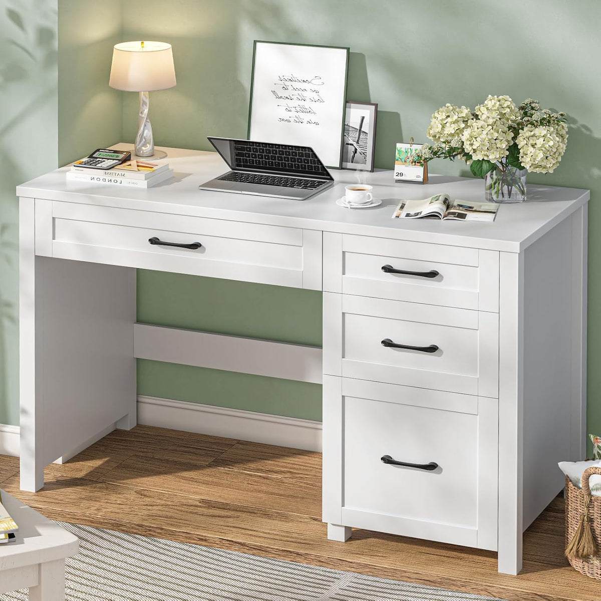 Farmhouse 47" Executive Desk, Computer Desk with File Drawer, Cream White