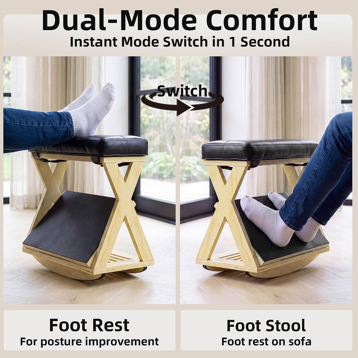 Under Desk Adjustable Footrest, Wood Rocking Footrest, Non-Slip