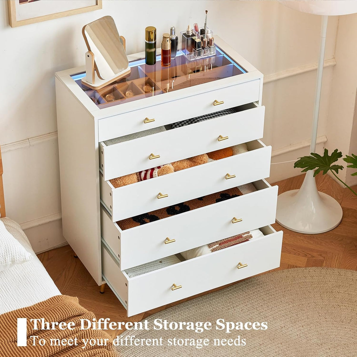 Drawer Dresser with Glass Top and LED Lights, White