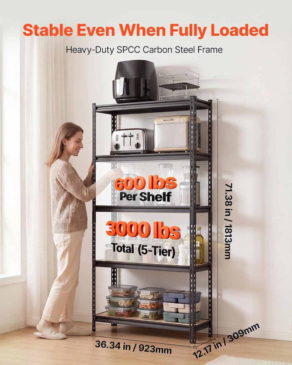 vevor storage shelves, 5-tier adjustable, 3000 lbs capacity, close-up detail