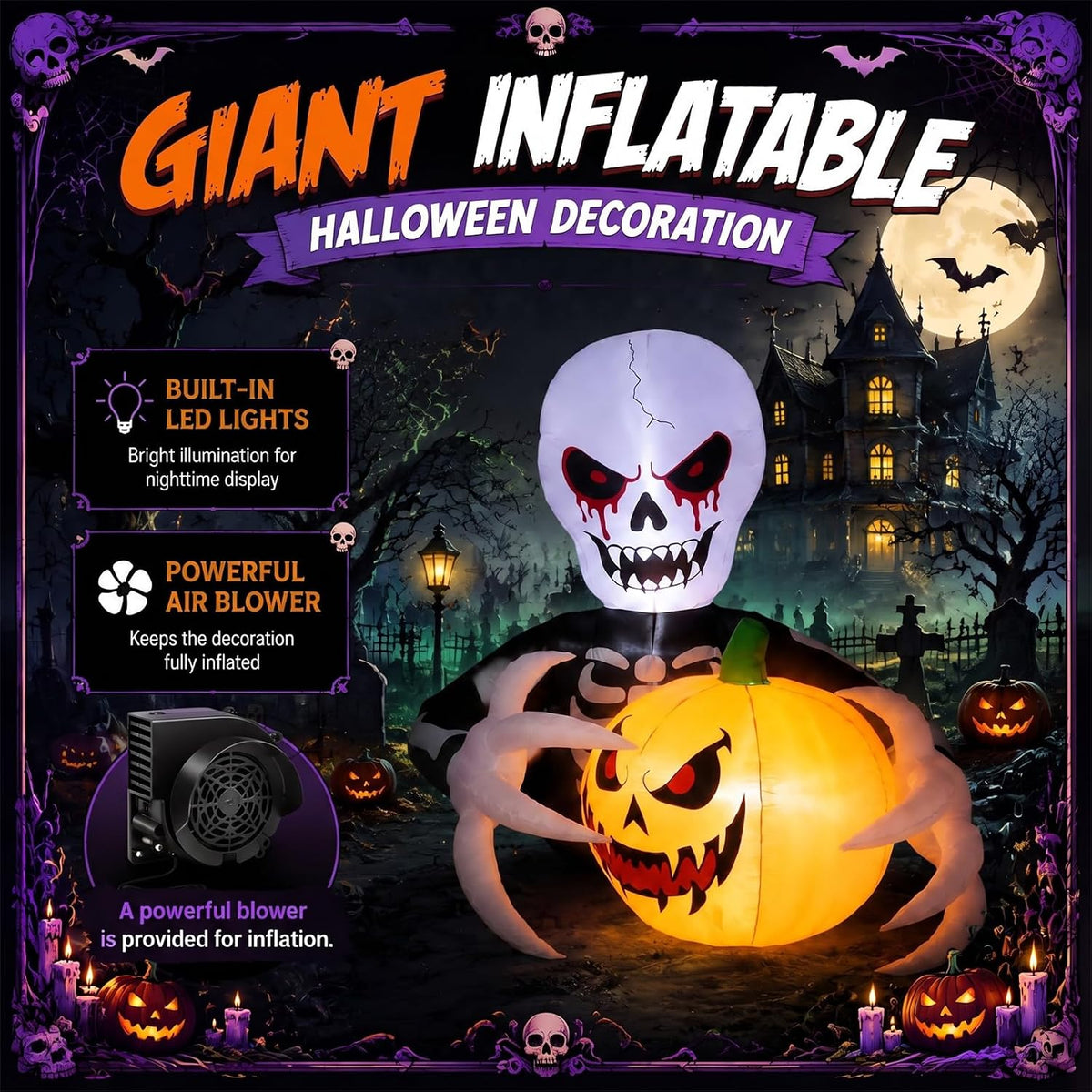 Gardwin 7 FT Halloween Inflatables Skeleton Reaper with Jack-o'-Lantern O...