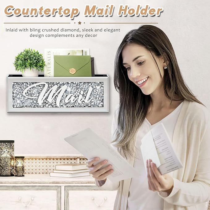 Crushed Diamond Mail Organizer, Crystal Mail Organizer Countertop, Mirror - Image 2