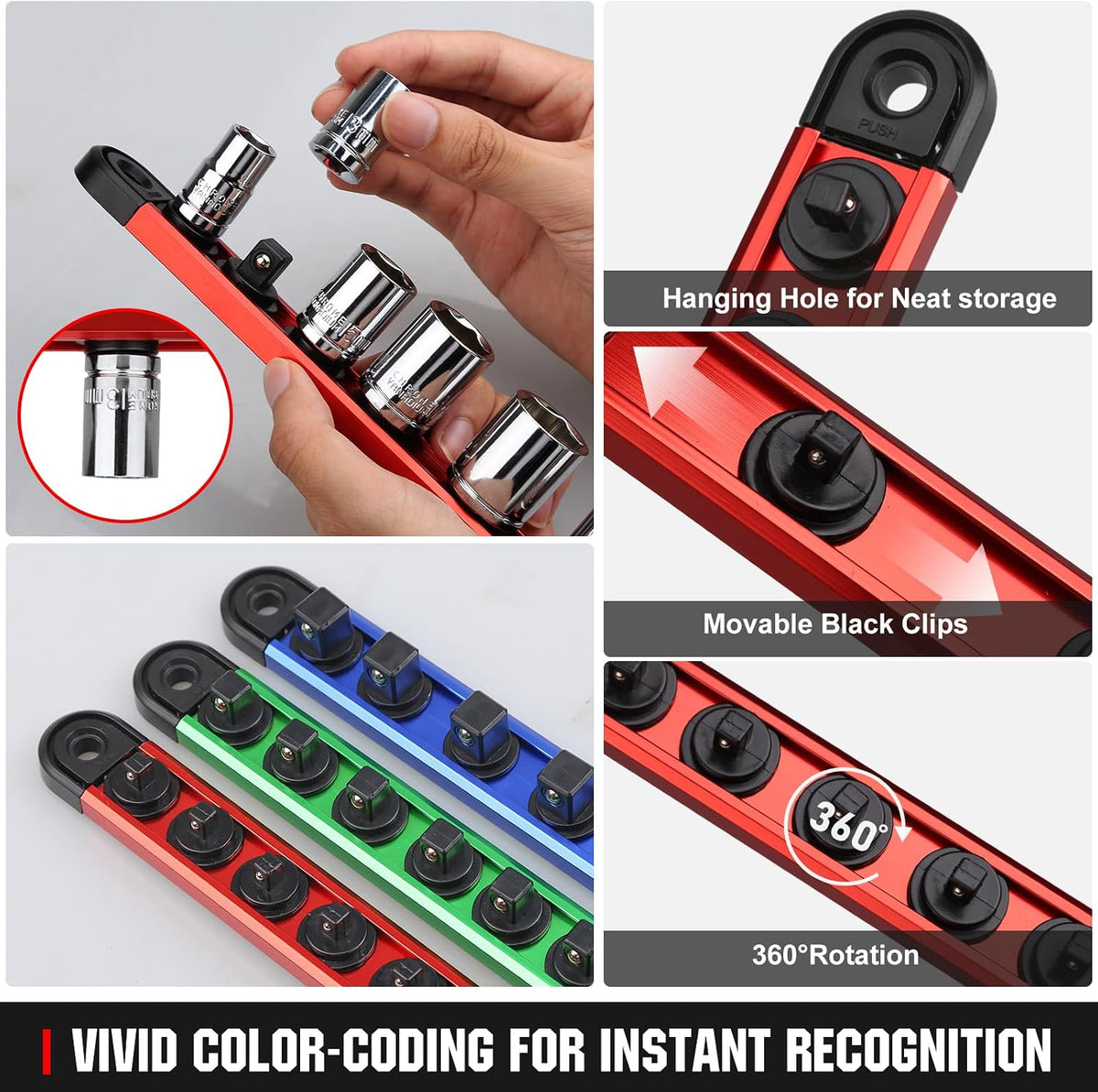 Magnetic Socket Organizer Set | 1/4" 3/8" 1/2" Socket Rail wit...