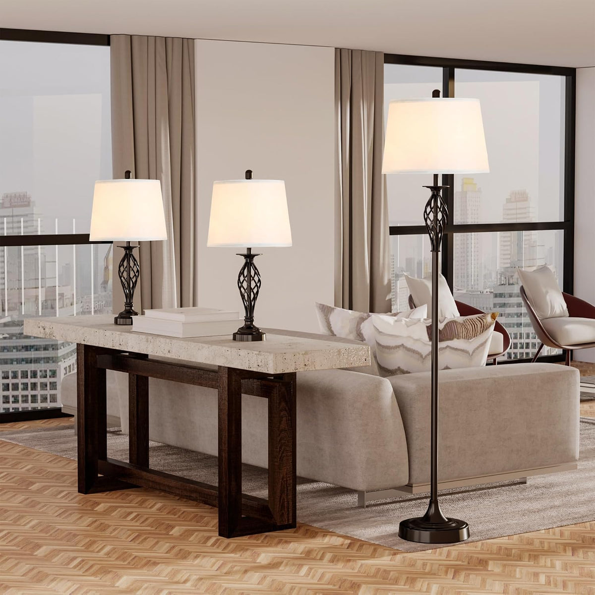 HOMCOM 3 Piece Table Floor Lamp Set with Metal Pole Round Base Black/White