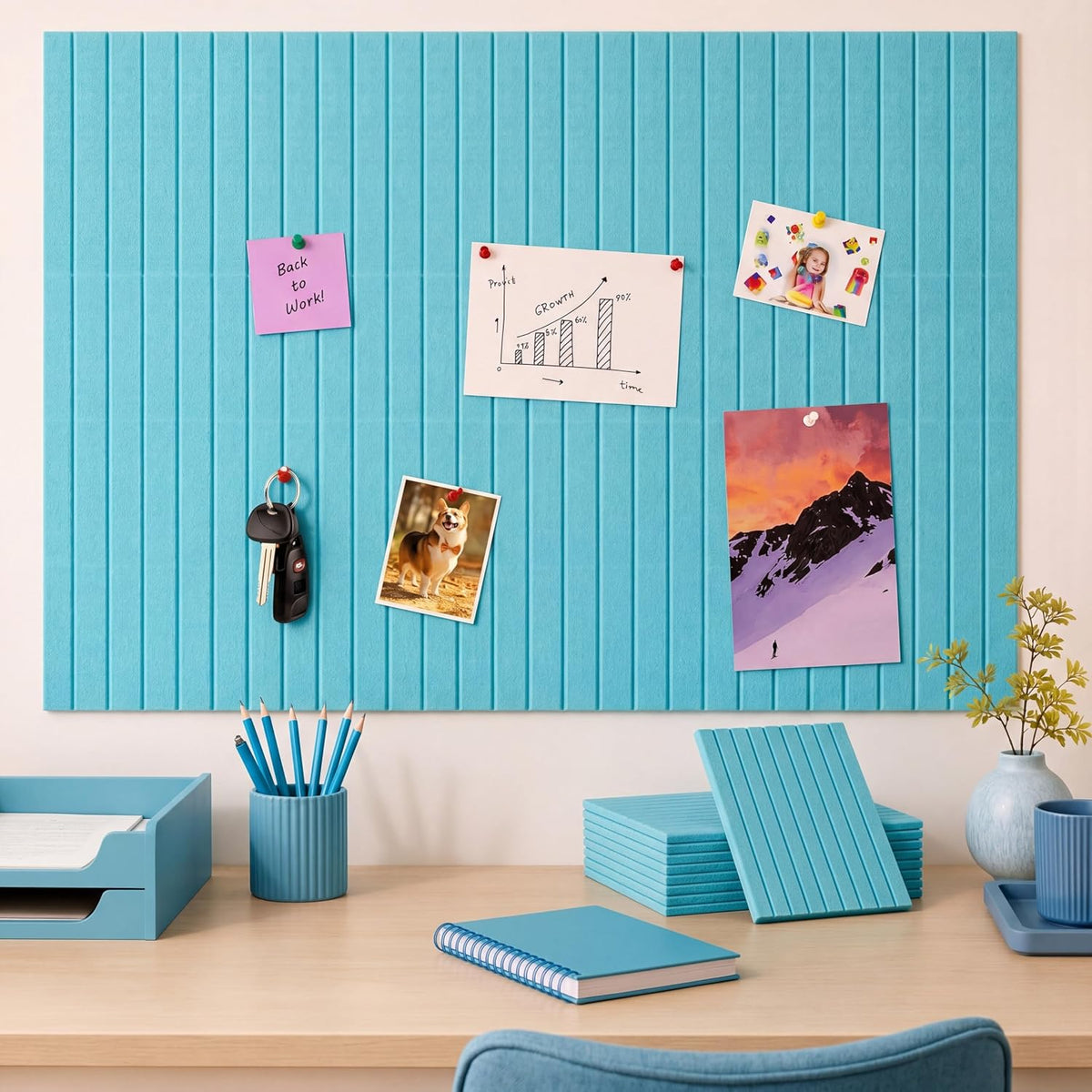 Honoson 12 Pack Felt Bulletin Board Self Adhesive Wall Tiles, Lake Blue