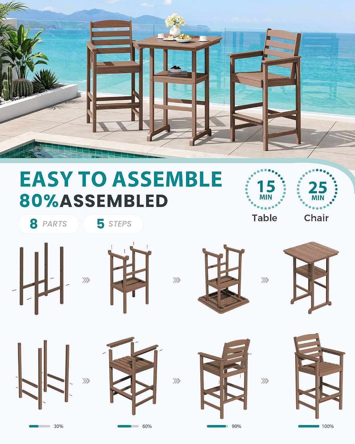 SERWALL 3 Pcs HDPE Bar Height Chairs and Double Layer Pub Table Set, Brown