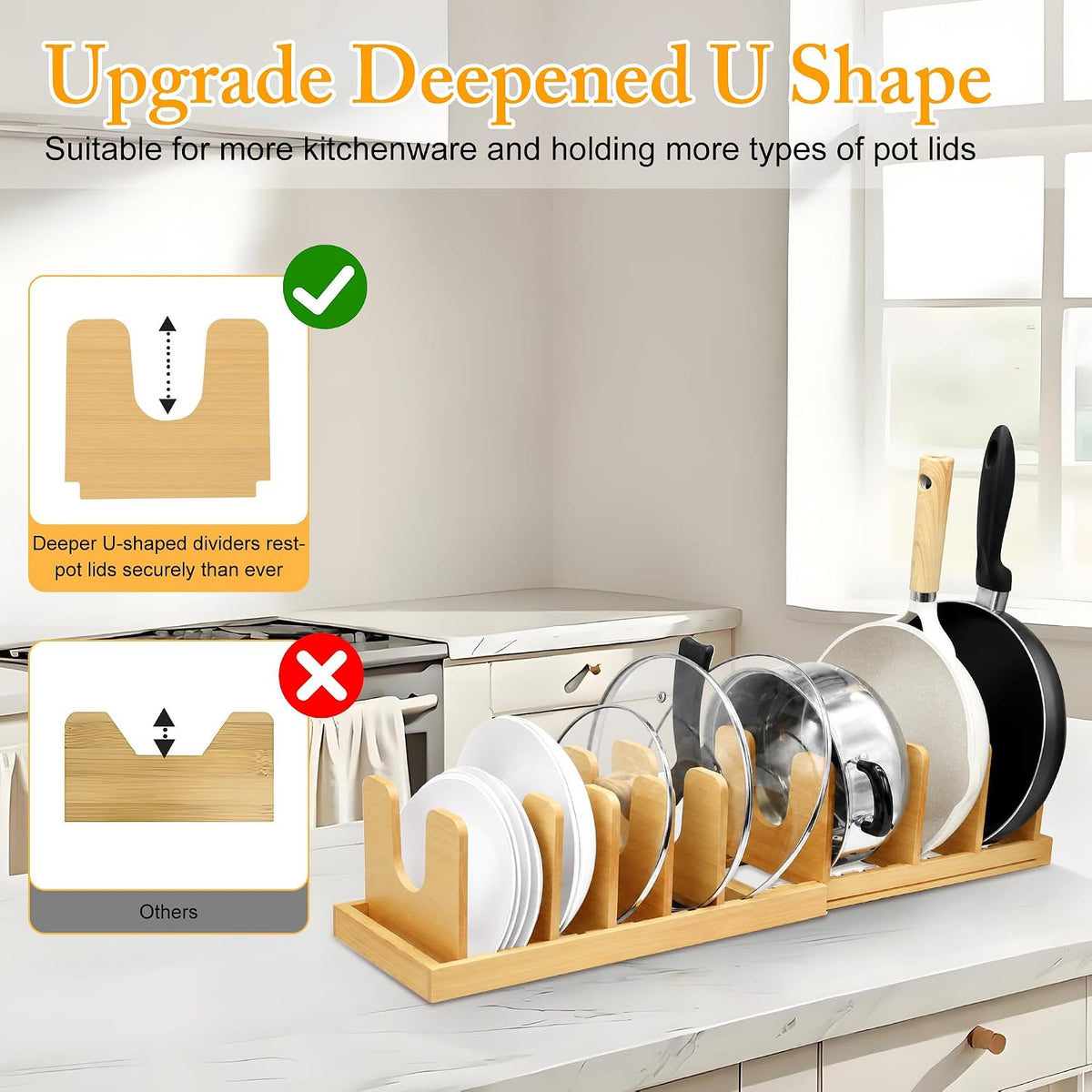 MinBoo Bamboo Expandable Pot Lid Organizer, Pot and Pan Organizer Drawer Orga...