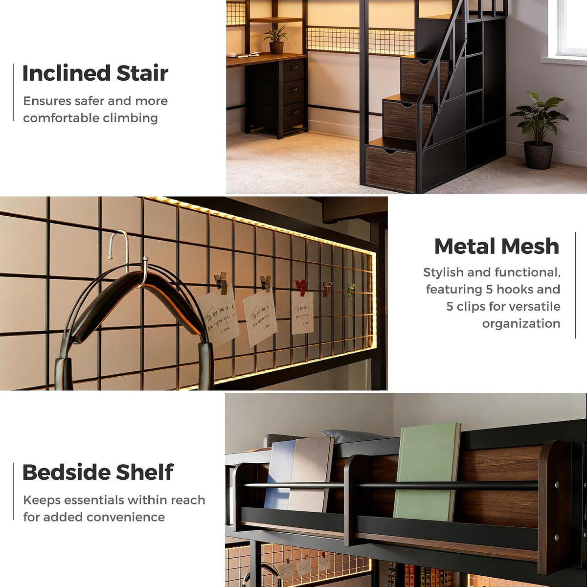 Kikihouse Loft Bed with Desk and Stairs, Headboard, Outlet (Black, Full)