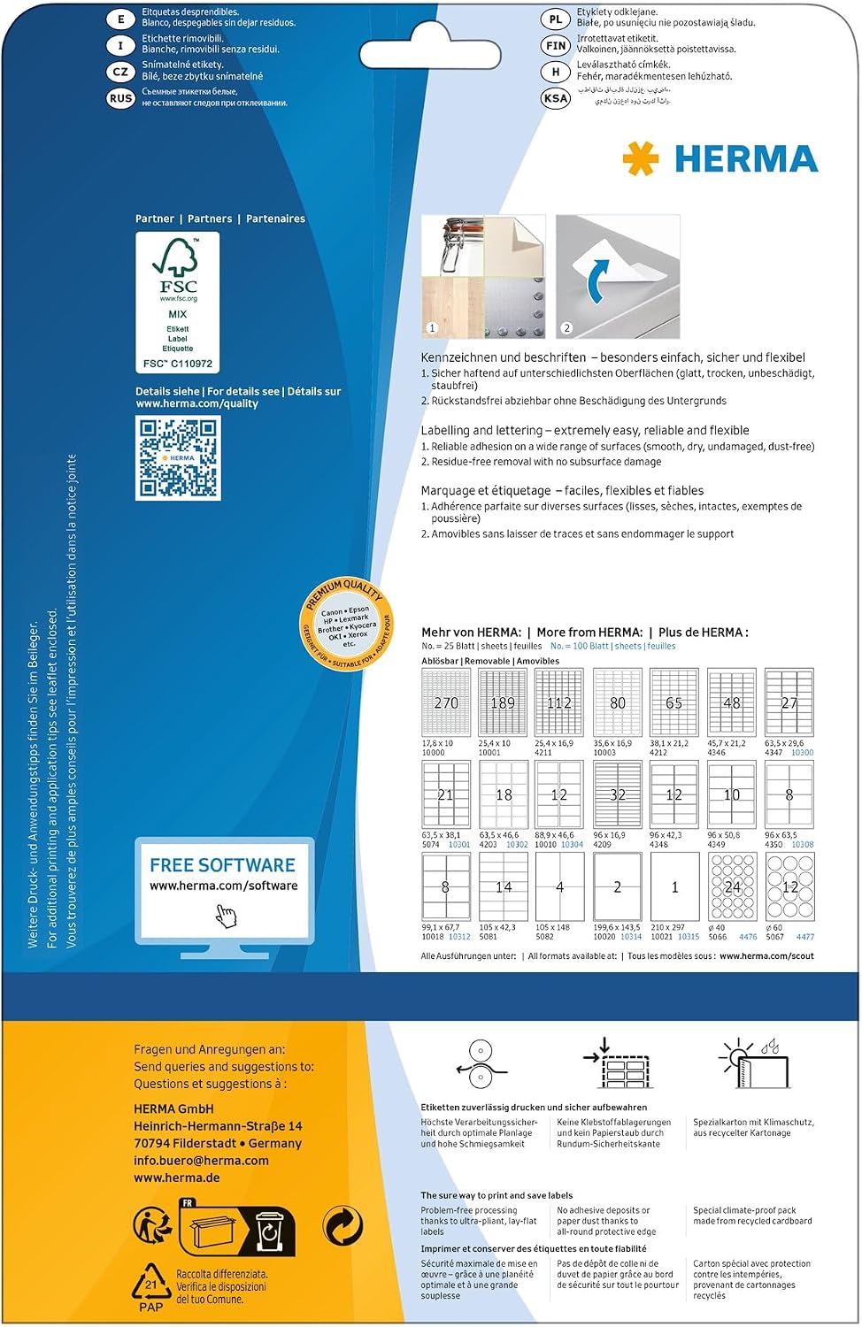 HERMA Self Adhesive Removable Multi-Purpose Labels, 48 Labels Per A4 Sheet, 1200 Labels for Printers, Small, 63.5 x 16.9 mm (10005)