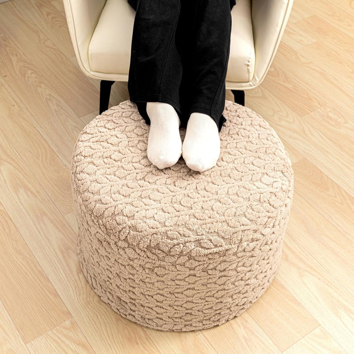 Poofieotto Pouf Ottoman Footstool 20x20x14In Couch Footrest Light Coffee