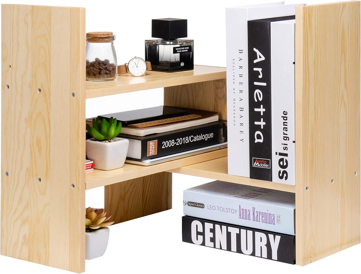 Desktop Organizer Office Storage Rack Adjustable Natural Wood Display Book Sh...