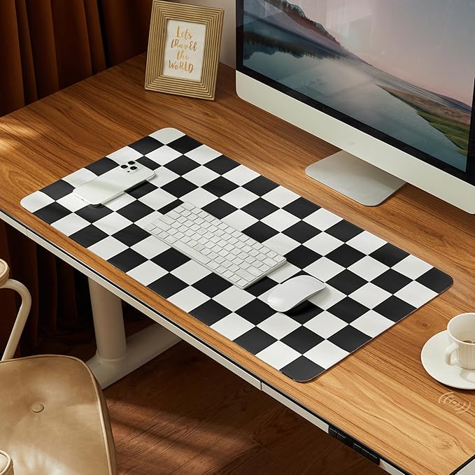 Ohocut Checkered Desk Mat, Large Cute Aesthetic Retro PU Leather Computer by Ohocut