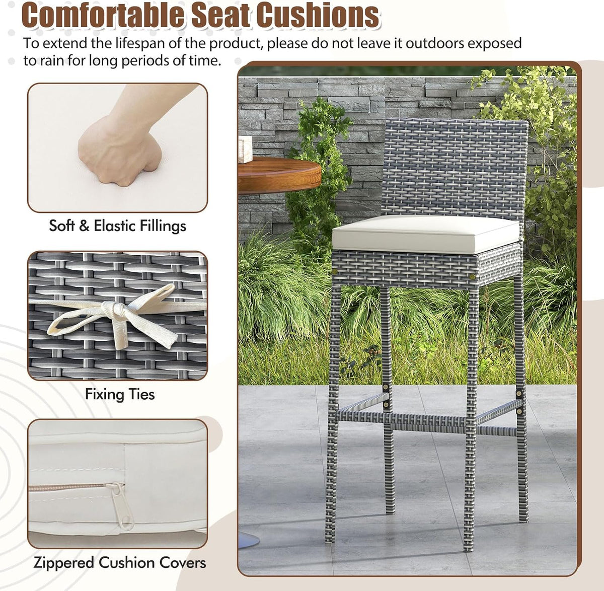 Tangkula Set of 2 Patio Wicker Barstools, Outdoor Bar Height Chair w/Soft Sea...