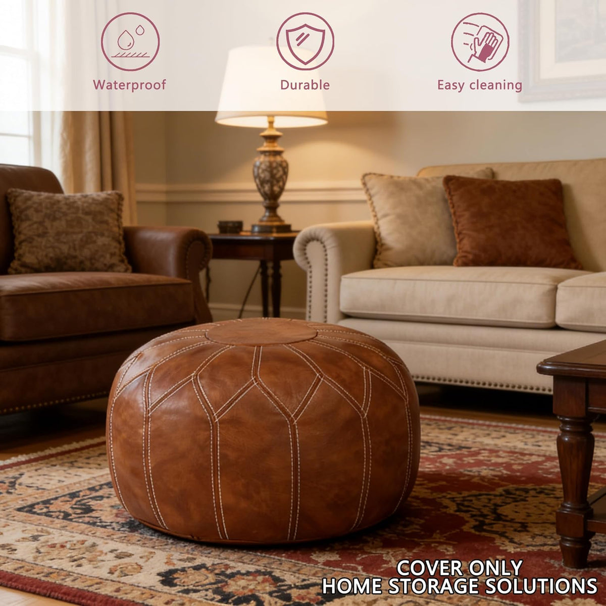 Thgonwid Unstuffed Moroccan Faux Leather Pouf Ottoman Cover with Storage - Bo...