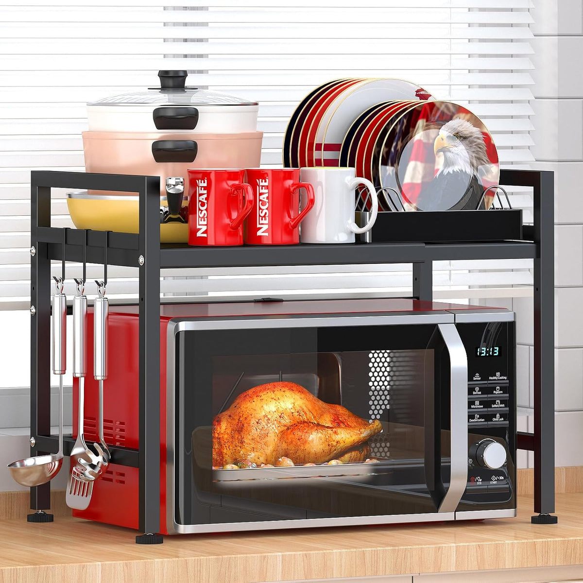 PUSDON Expandable Microwave Oven Rack, 2-Tier Countertop Baker's Rack Sty...