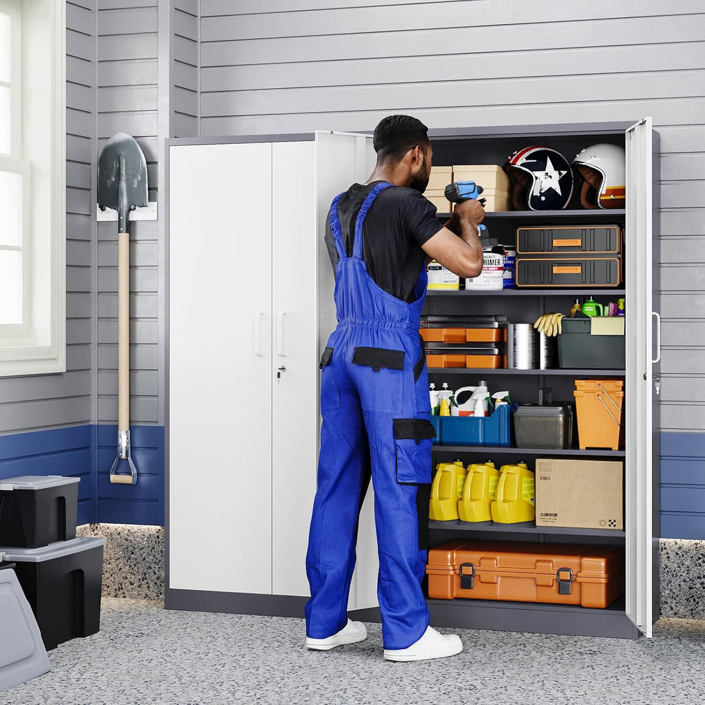yizosh metal garage storage cabinet with 2 doors shown in use