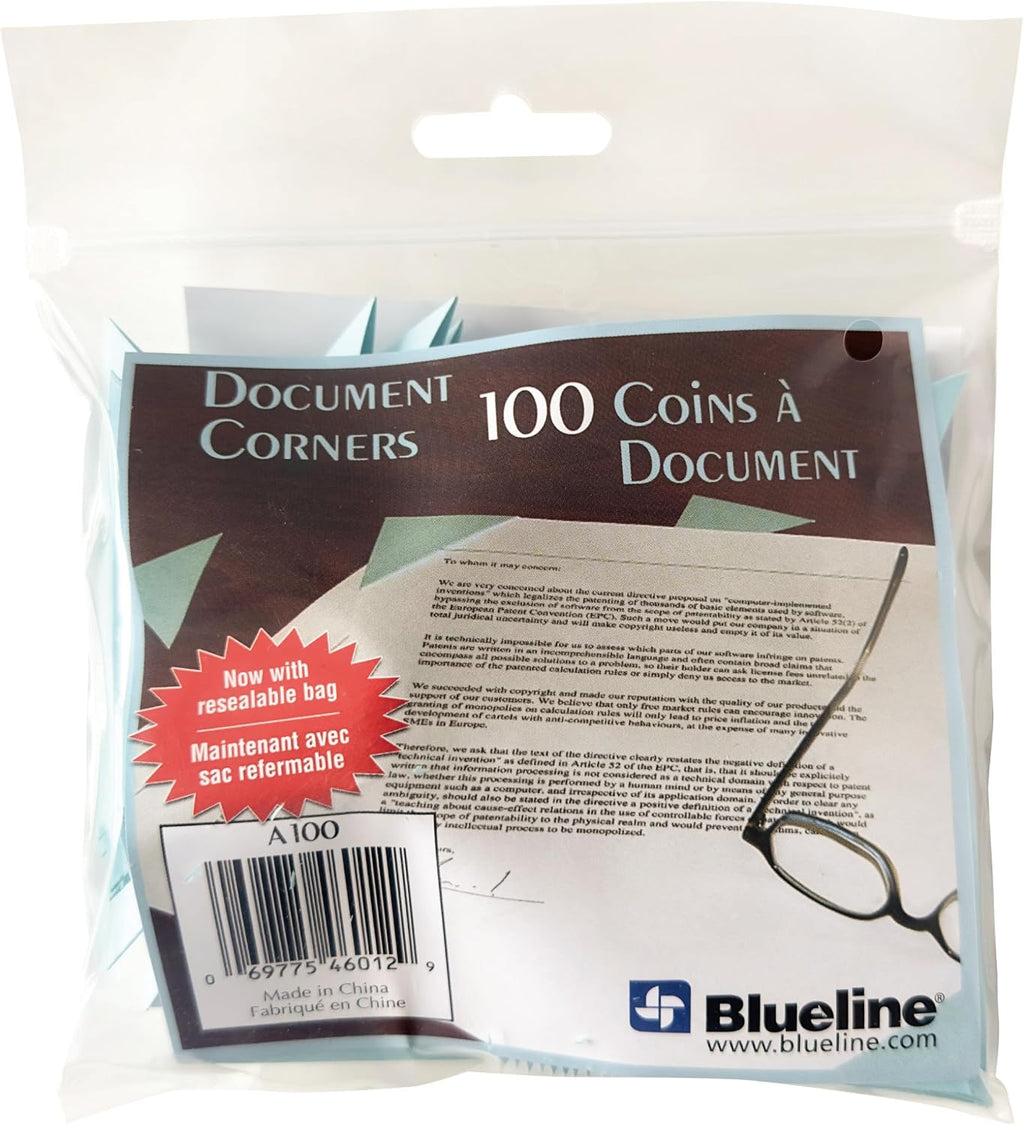Blueline® Document Corners, Light Blue, 100 Per Resealable Pack, 2" x 2" (A100)