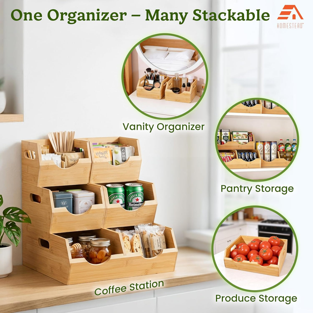 HOMESTEAD 3-Tier Bamboo Pantry Storage Bins – Stackable Potato & Onion St...