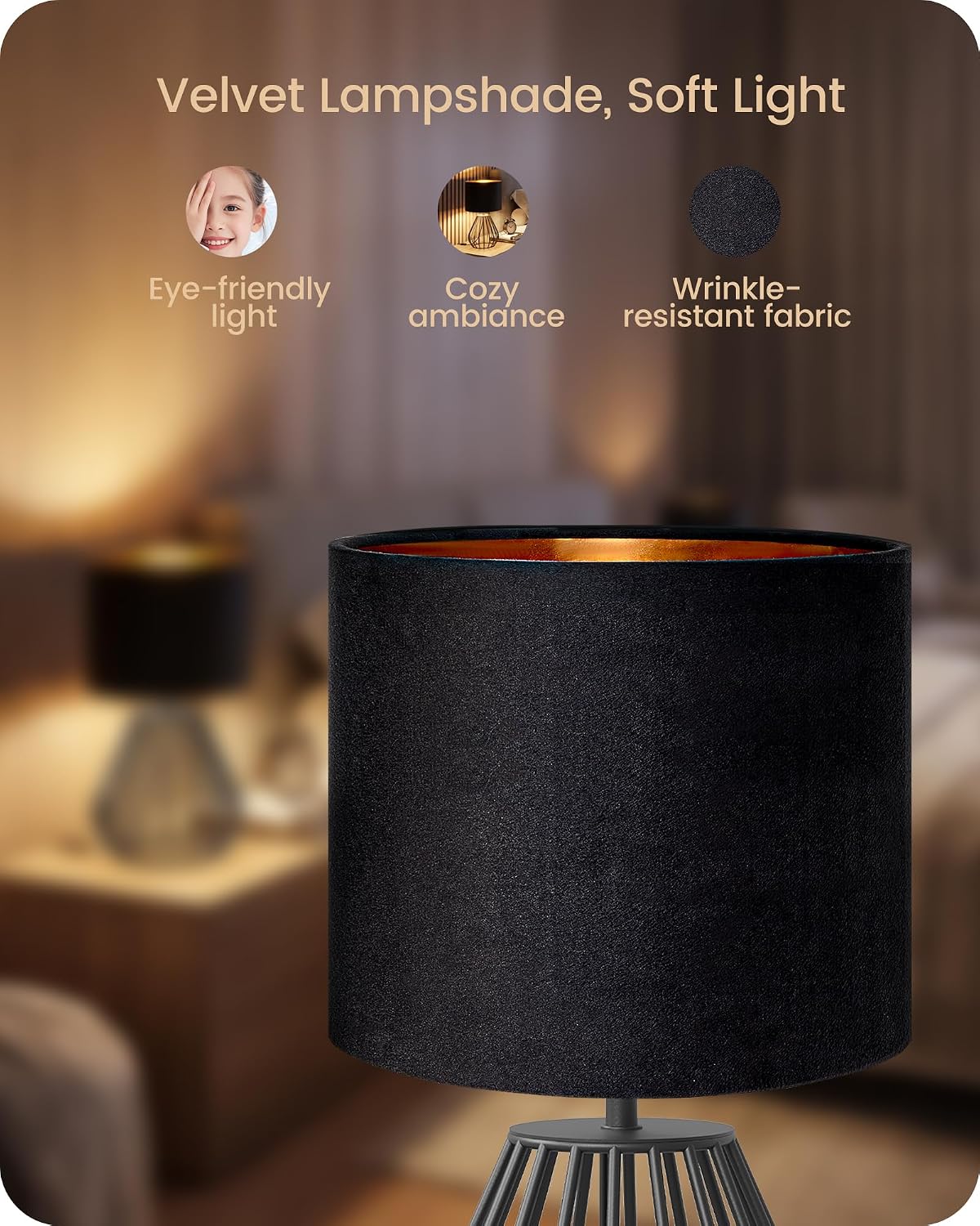 Black Table Lamp,12.6" Small Bedside Lamp, Velvet Lampshade