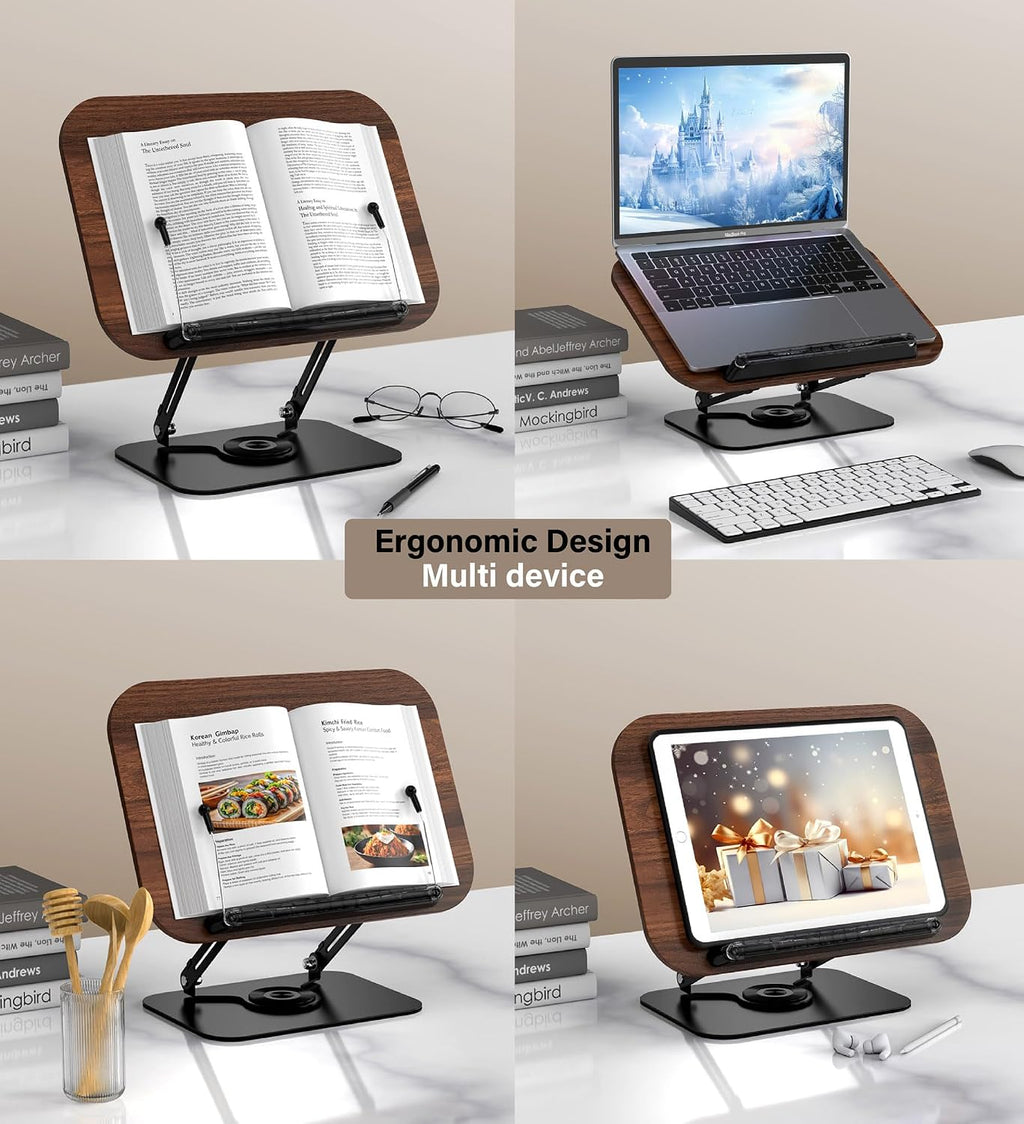 Adjustable Book Stand for Reading – Durable Build Quality, 360° Rotating Base, Stable Book Holder for Study, Kitchen, or Office, Relieves Neck Strain, (Dark Wood)