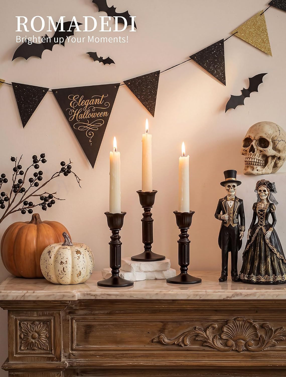 Romadedi Vintage Black Candle Holders Gothic Halloween Candlestick Set of 6