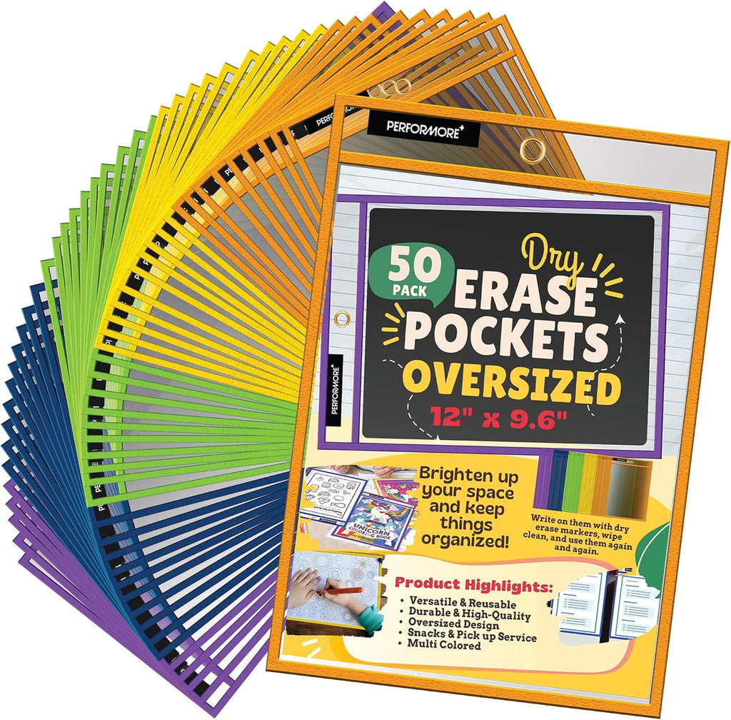 Performore Oversized Dry Erase Sleeves 50 Pack – 14" x 10.25" Reusable Write & Wipe Pockets with Eyelet, Clear Plastic Sleeves for Classroom, Worksheets, Office Use