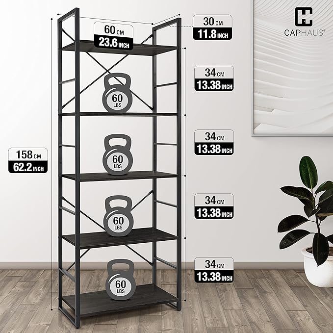 CAPHAUS 5 Tier Bookshelf, 24 Inch Width Free Standing Shelf, Bookcase Shelf - Image 3