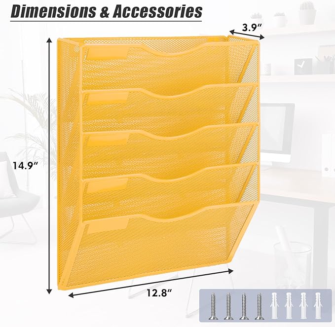 EASEPRES 5 Pocket Mesh Hanging Wall File Organizer, Wall Mounted Mail Paper - Image 2