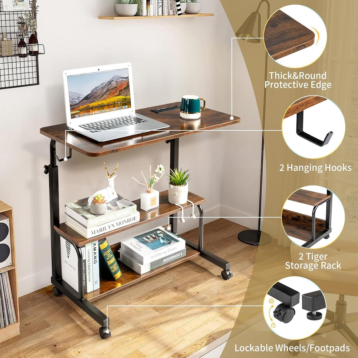 Karl home 31.5" Portable Rolling Computer Desk on Wheels, Rustic Brown