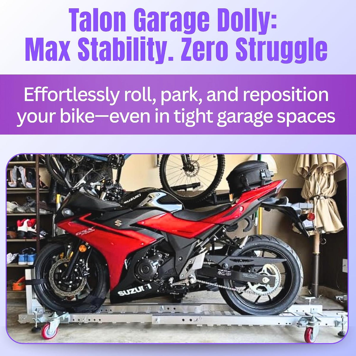 the usa trailer store talon motorcycle garage dolly shown in use