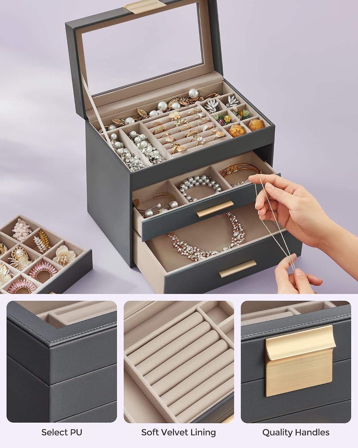 SONGMICS Jewelry Box Organizer, 4-Layer Storage with 3 Drawers, Glass Lid