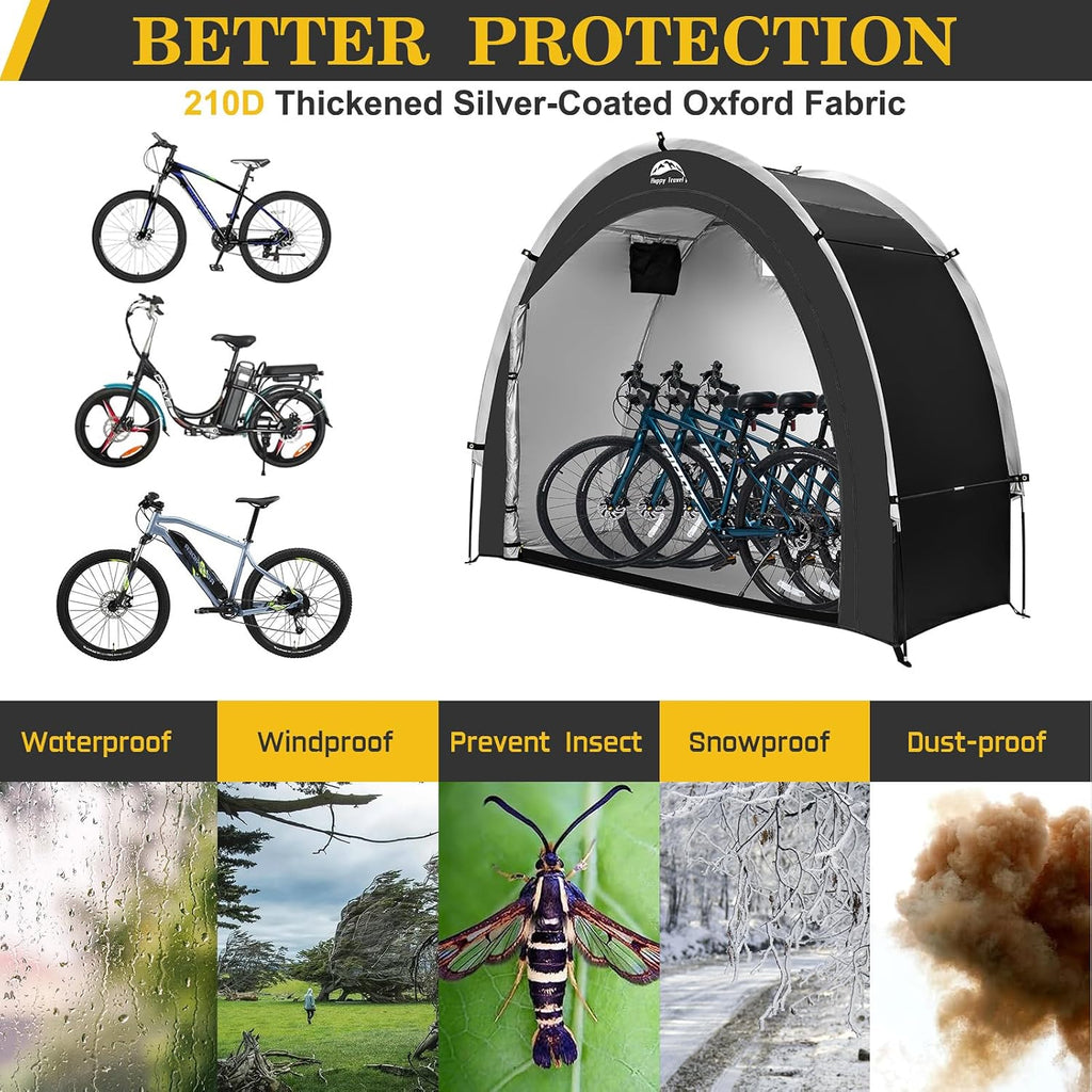 happy travel bike storage shed tent, outdoor portable showing dimensions