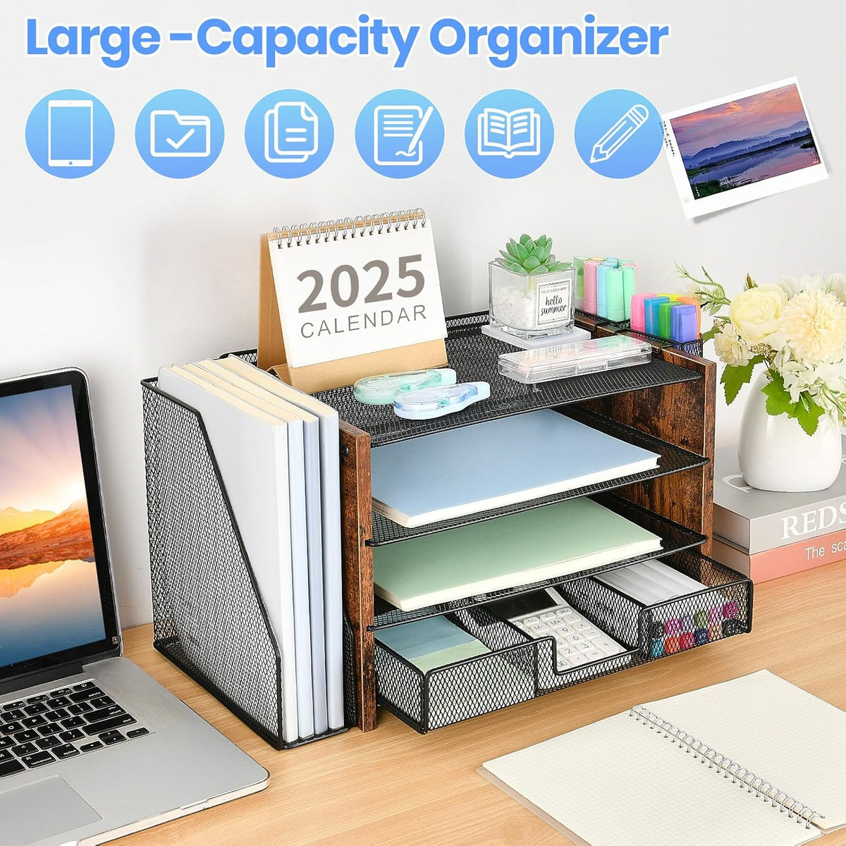 opnice desk organizer, 4-tier desktop file organizer with shown in use