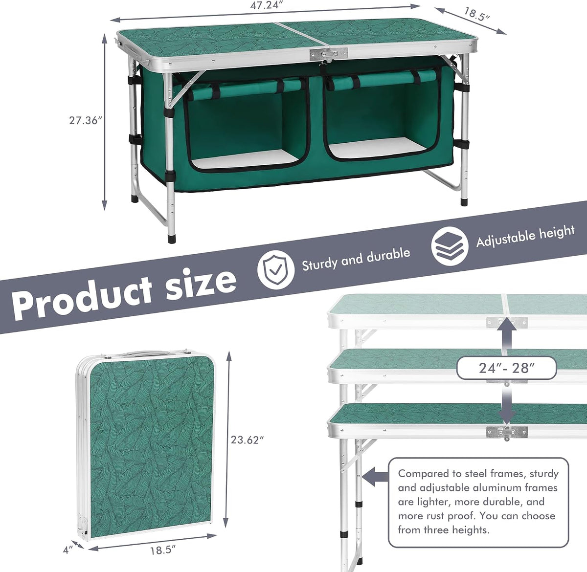 Camp Field Camping Folding Aluminum Table with Adjustable Legs for Outdoor Tr...