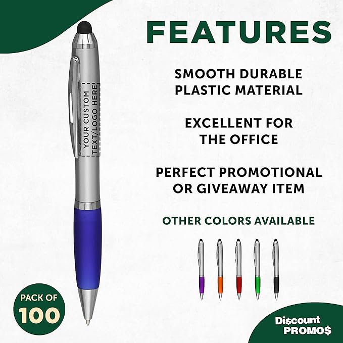 DISCOUNT PROMOS Custom Stylus Ballpoint Pens Set of 100, Personalized Bulk Pack - Image 2