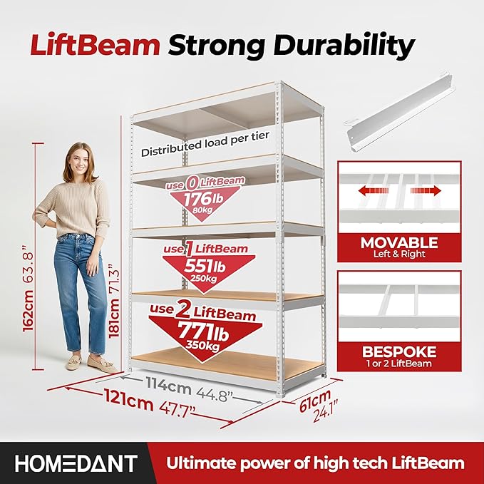 HOMEDANT 5 Tier Storage Shelves Adjustable Laminated Boltless Garage Metal - Image 2