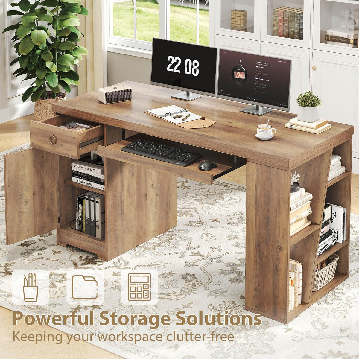 HSH Office Desk with Keyboard Tray, Computer Desk with Storage, 55 Inch