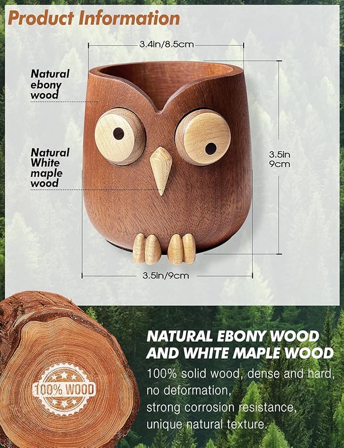 WODTILIFE Cute Owl Pen Holder for desk, funny wooden pencil holder - Image 6