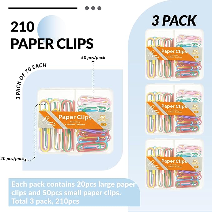 NEEWAY Colorful Paper Clips Assorted Sizes, Small and Large Paperclips - Image 3