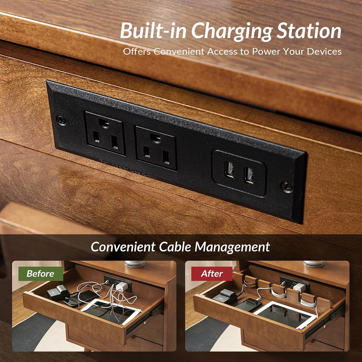 HULALA HOME 2-Drawer End Table with Charge Station, Acorn