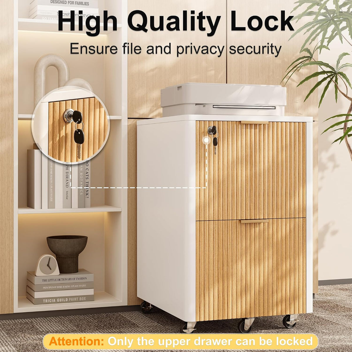 2 drawers fluted mobile file cabinet with lock, close-up detail