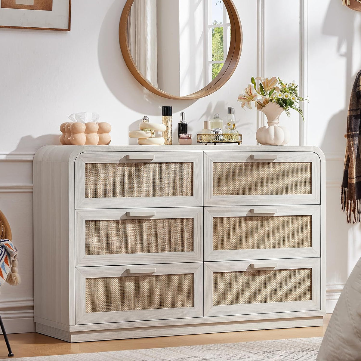 LEYAOYAO Rattan 6 Drawer Dresser for Bedroom, Grey White
