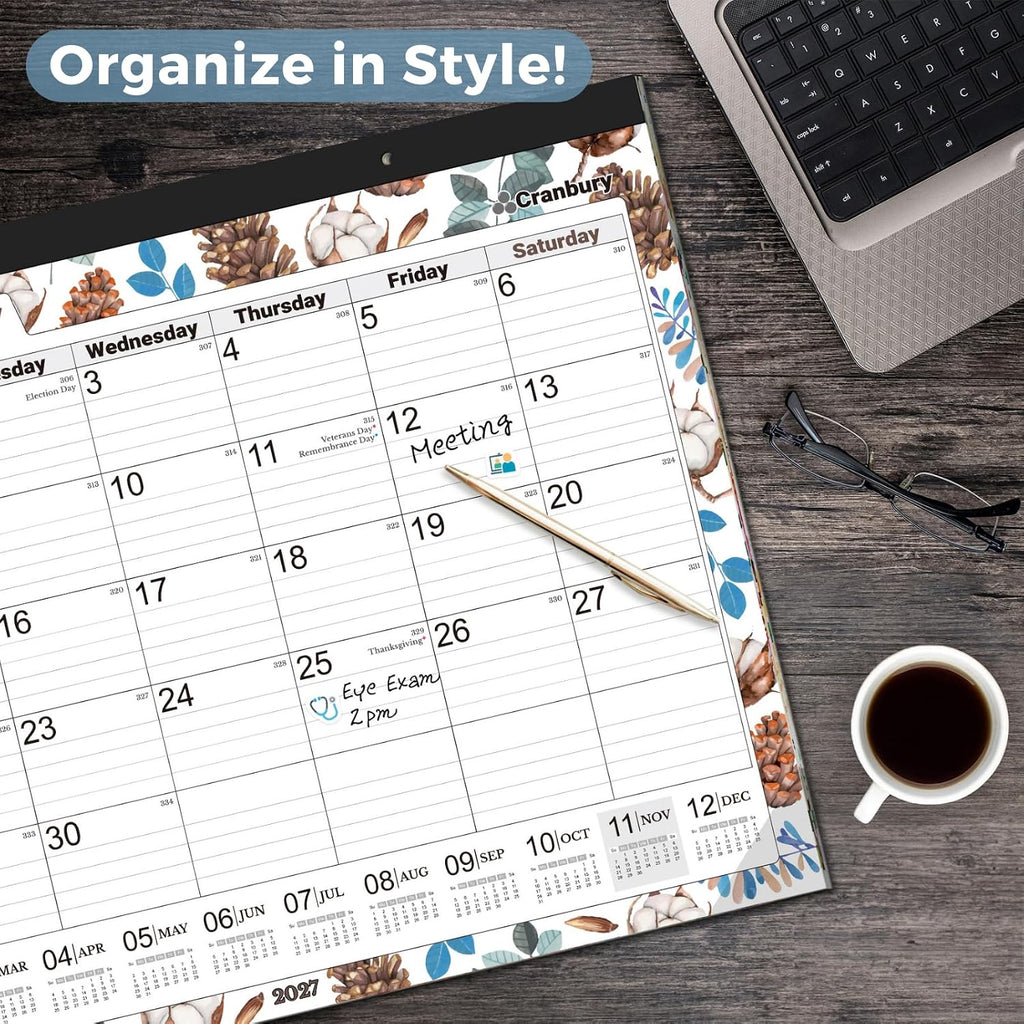 CRANBURY 2026-2027 Desk Calendar 22x17, 18-Month Wall Planner | Large 22x17 monthly calendar with spacious writing blocks keeps schedules, deadlines, and events organized.