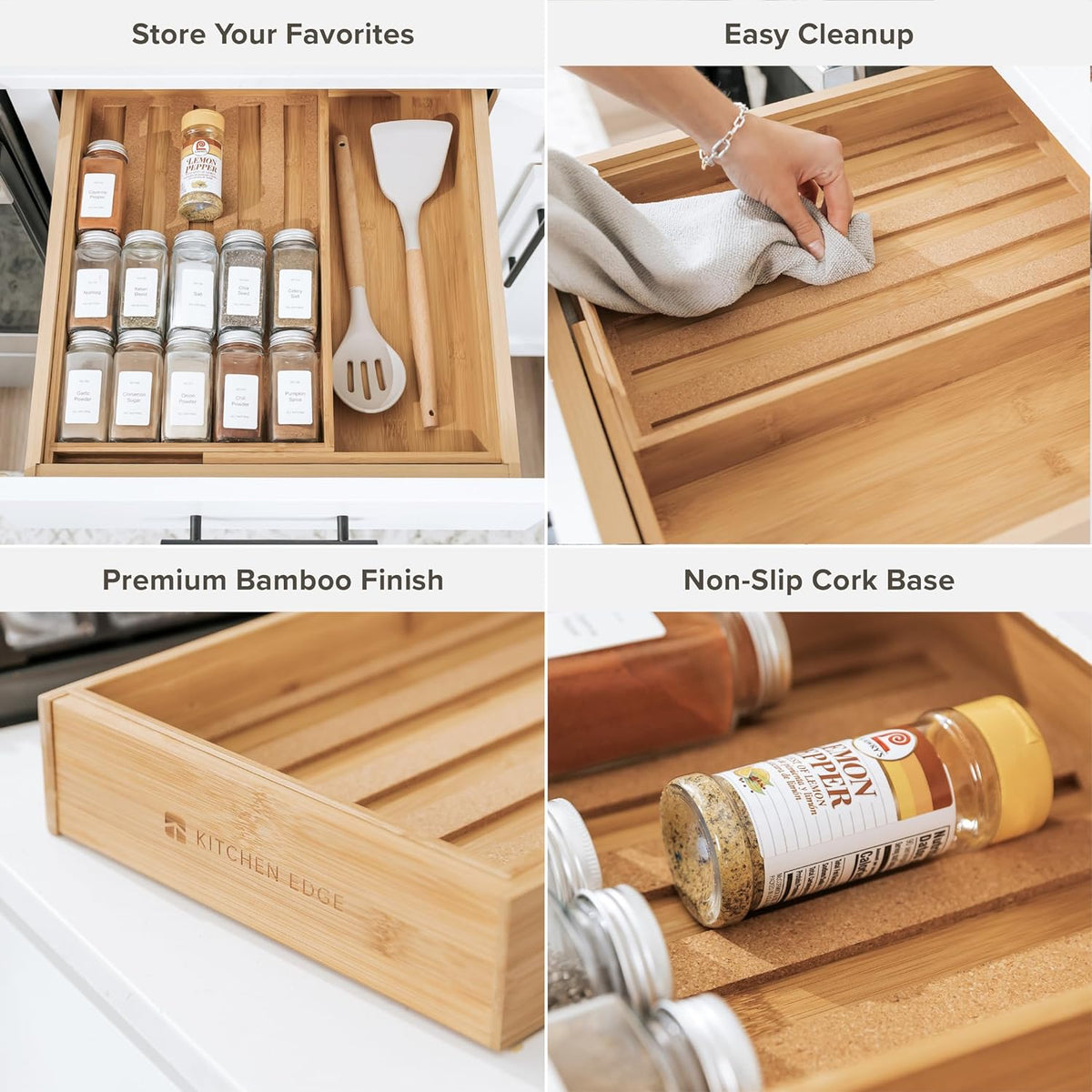 KitchenEdge Expandable Spice Drawer Organizer, Bamboo