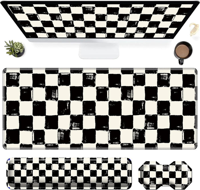 3Pcs Mouse Pad Set, Black White Checkerboard Large Gaming Mouse Pad with Stitched Edge, Ergonomic Memory Foam Keyboard Wrist Support and Mouse Wrist Rest Cushion, Pain Relief Non-Slip Desk Pad Combo