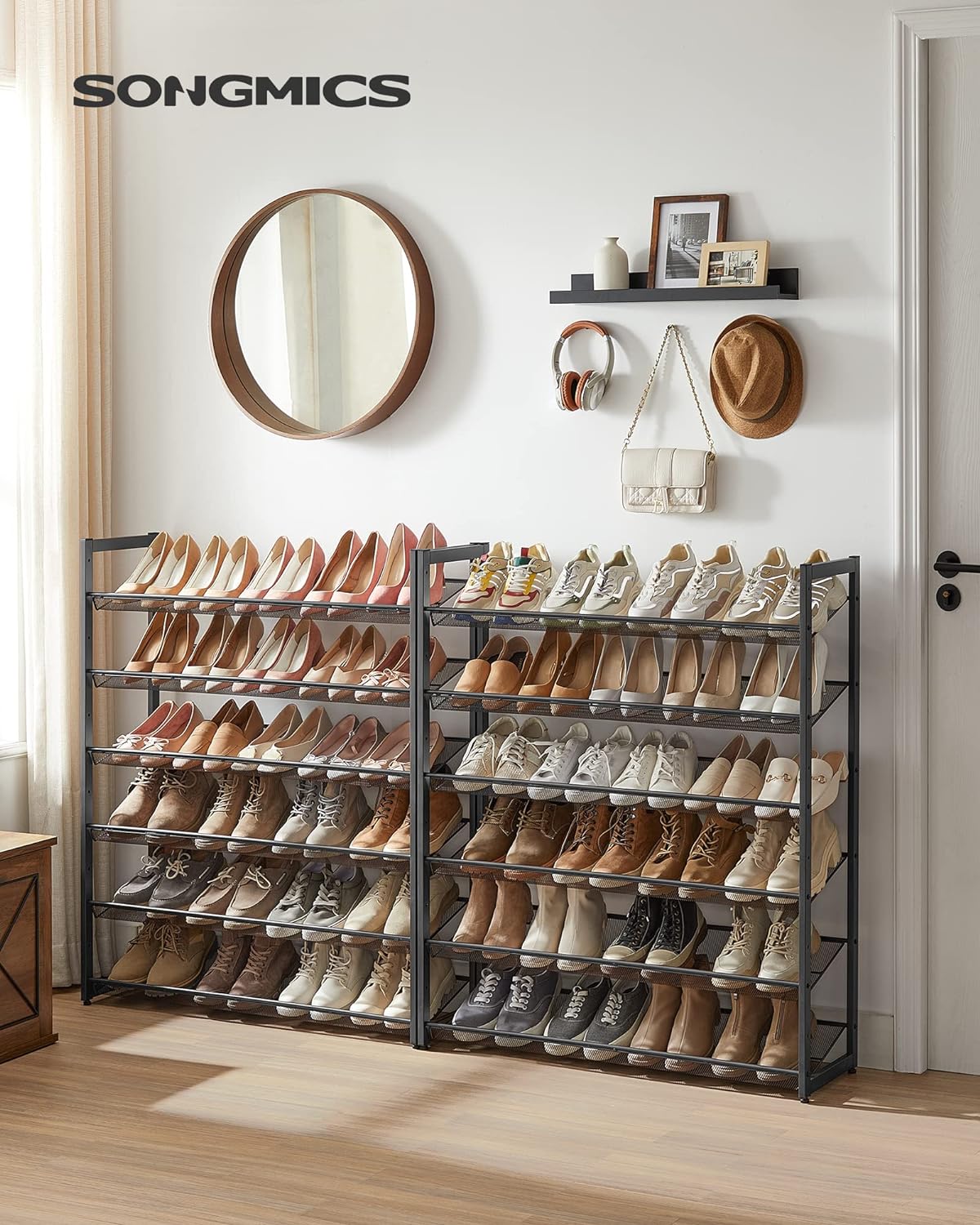 songmics shoe rack, 12-tier shoe organizer, metal shoe, close-up detail